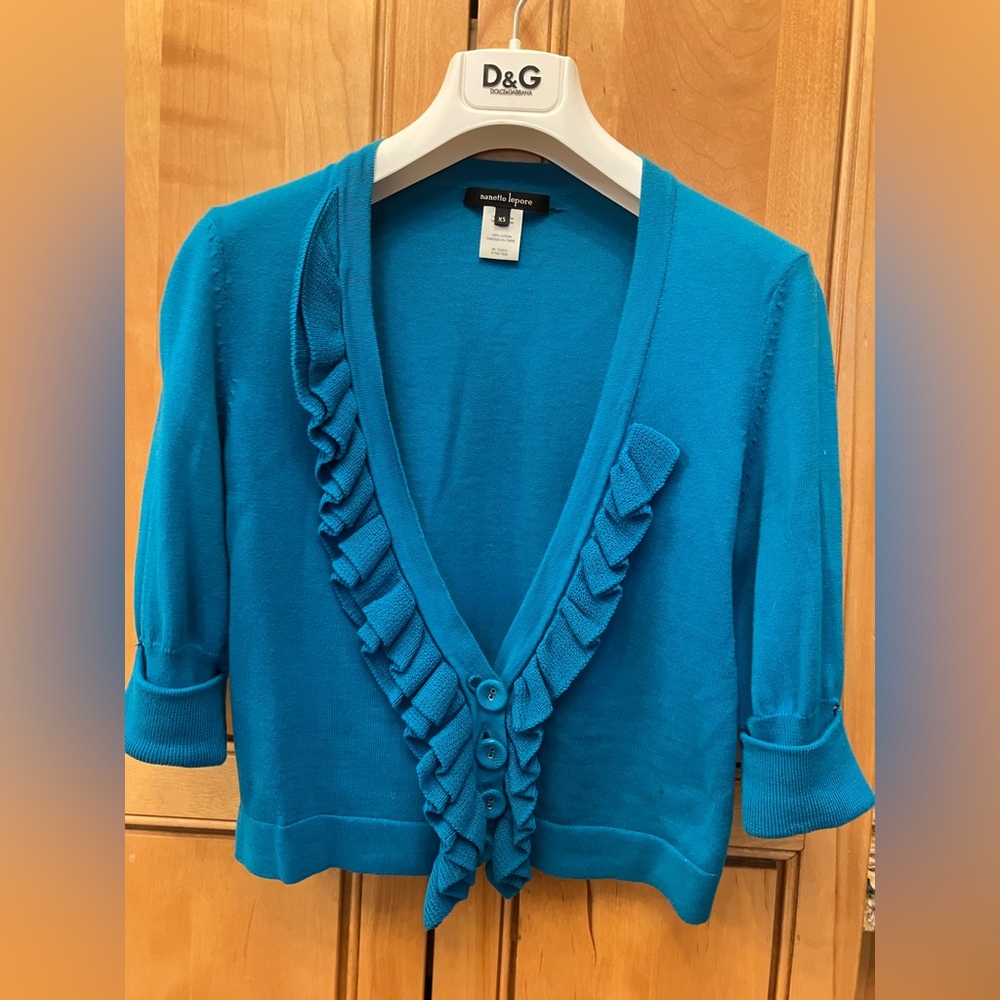 Nanette Lepore Teal Ruffle Cardigan